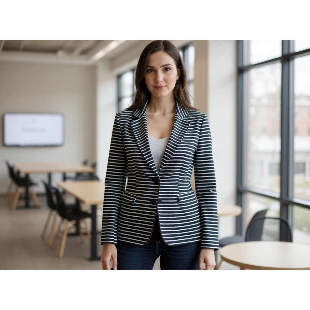 J Jill Striped Knit Blazer Jacket L nautical coastal business‎ casual office